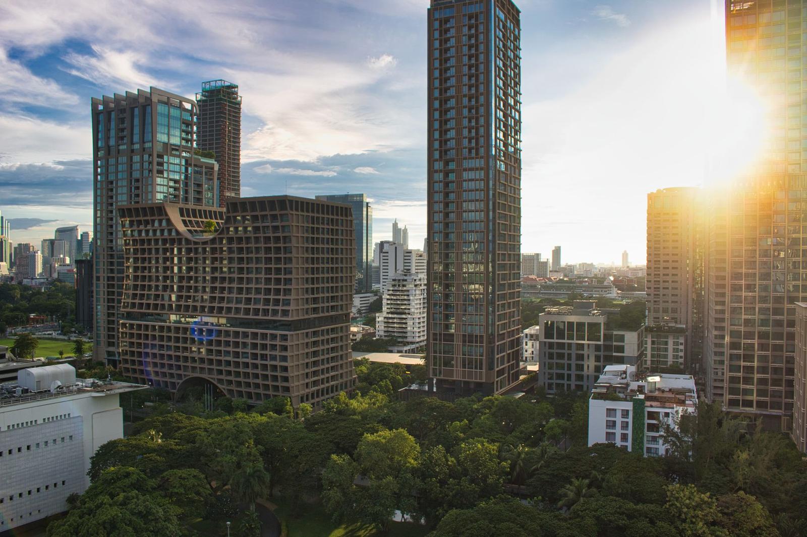 High Rise Buildings near Green Trees under White Clouds
